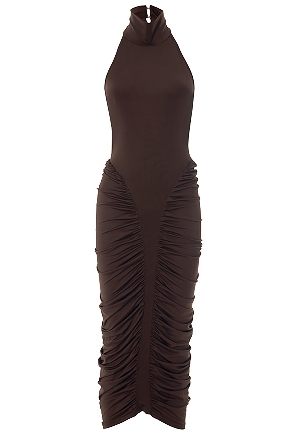 High Neck Halter Ruched Bodycon Solid Color Midi Dresses - Brown