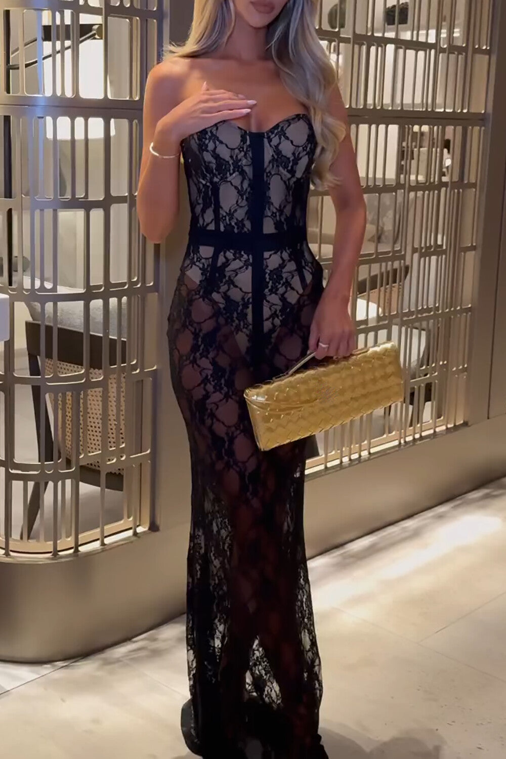 Floral Lace Strapless See Through Maxi Dresses - Black