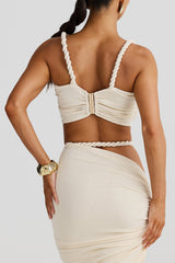 Braided Trim Crop Cami Cutout Ruched Maxi Skirt 2pcs Set - Beige