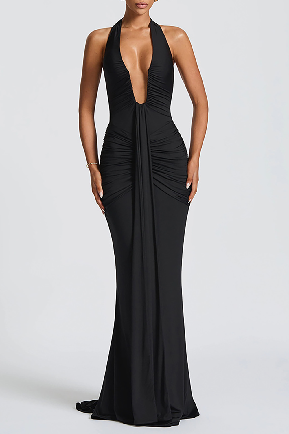 Deep V Neck Ruched Bodycon Solid Color Halter Maxi Dresses - Green