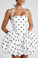 Polka Dot Print Halter Cinch Waist Bubble Mini Dresses - White Pre Order