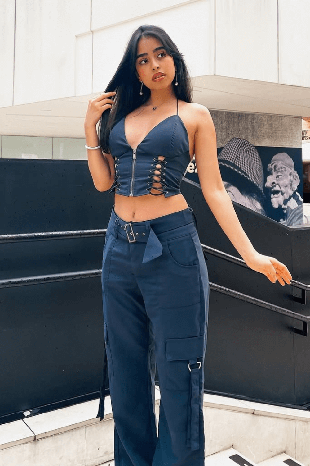 Lace Up Zip Halter Backless Crop Top Pocket Straight Leg Pants 2 Pcs Matching Set - Grey