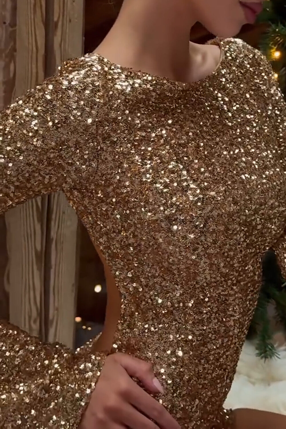 Sequin Long Sleeve Open Back Bow Decor Party Mini Dresses - Gold