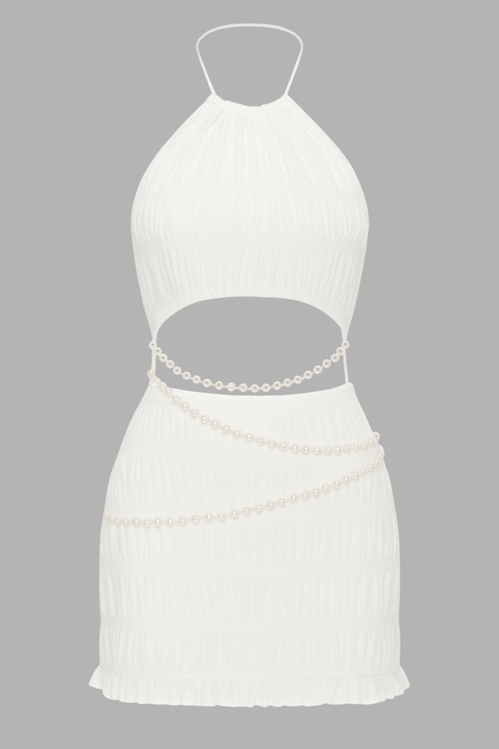 Pearls Chain Crop Top Mini Skirt Ruched Halter 2pcs Set - White