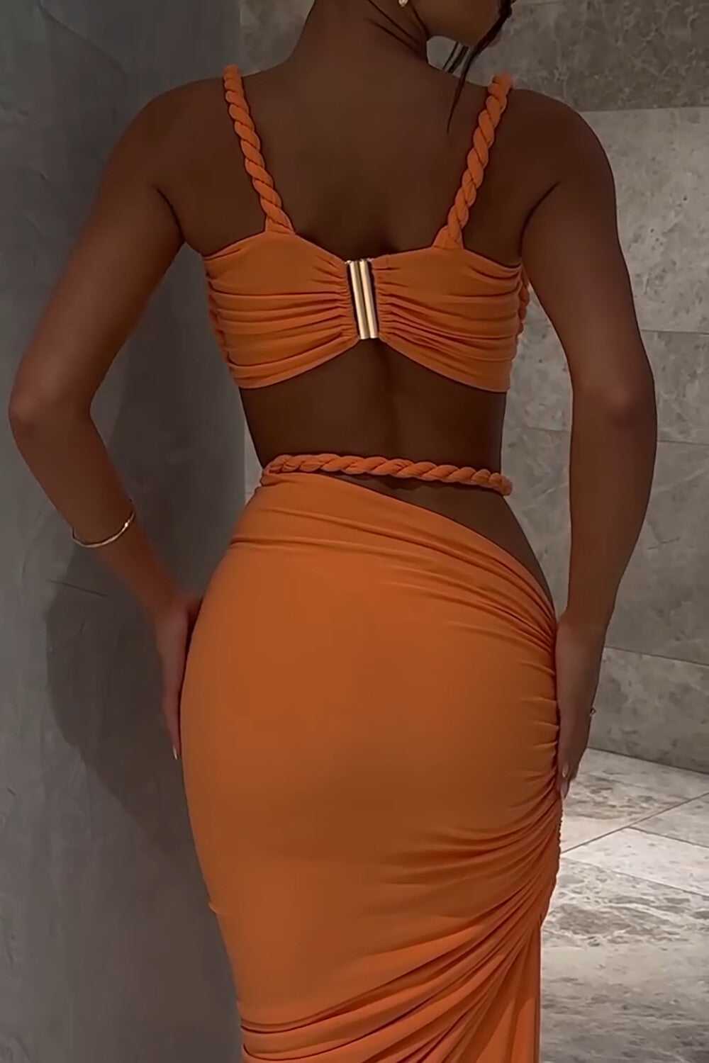 Braided Crop Cami Ruched High Slit Maxi Skirt 2pcs Set - Orange