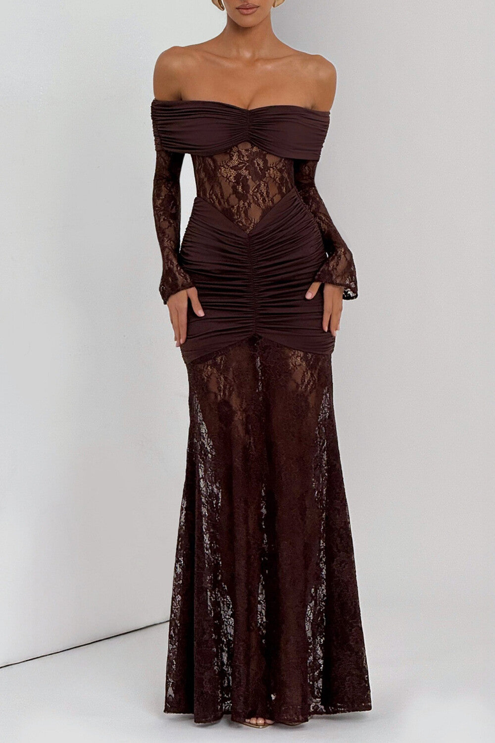 Jacquard Lace Patchwork Off Shoulder Long Sleeve Ruched Maxi Dresses - Yellow