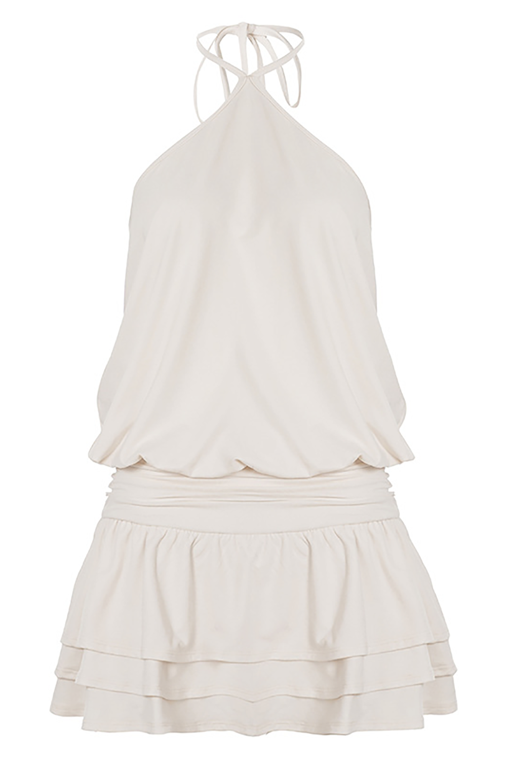 Halter Neck Cinch Waist Layered Ruffled Hem Solid Color Mini Dresses - Beige