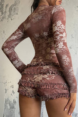 U Neckline Long Sleeve Floral Pattern Cutout Frilled Playsuit Romper - RedBrown