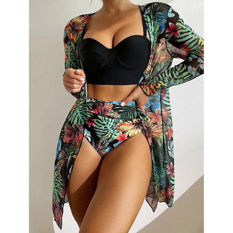 Tropical Three Pieces Printed Cover Up Bikini Set For Women