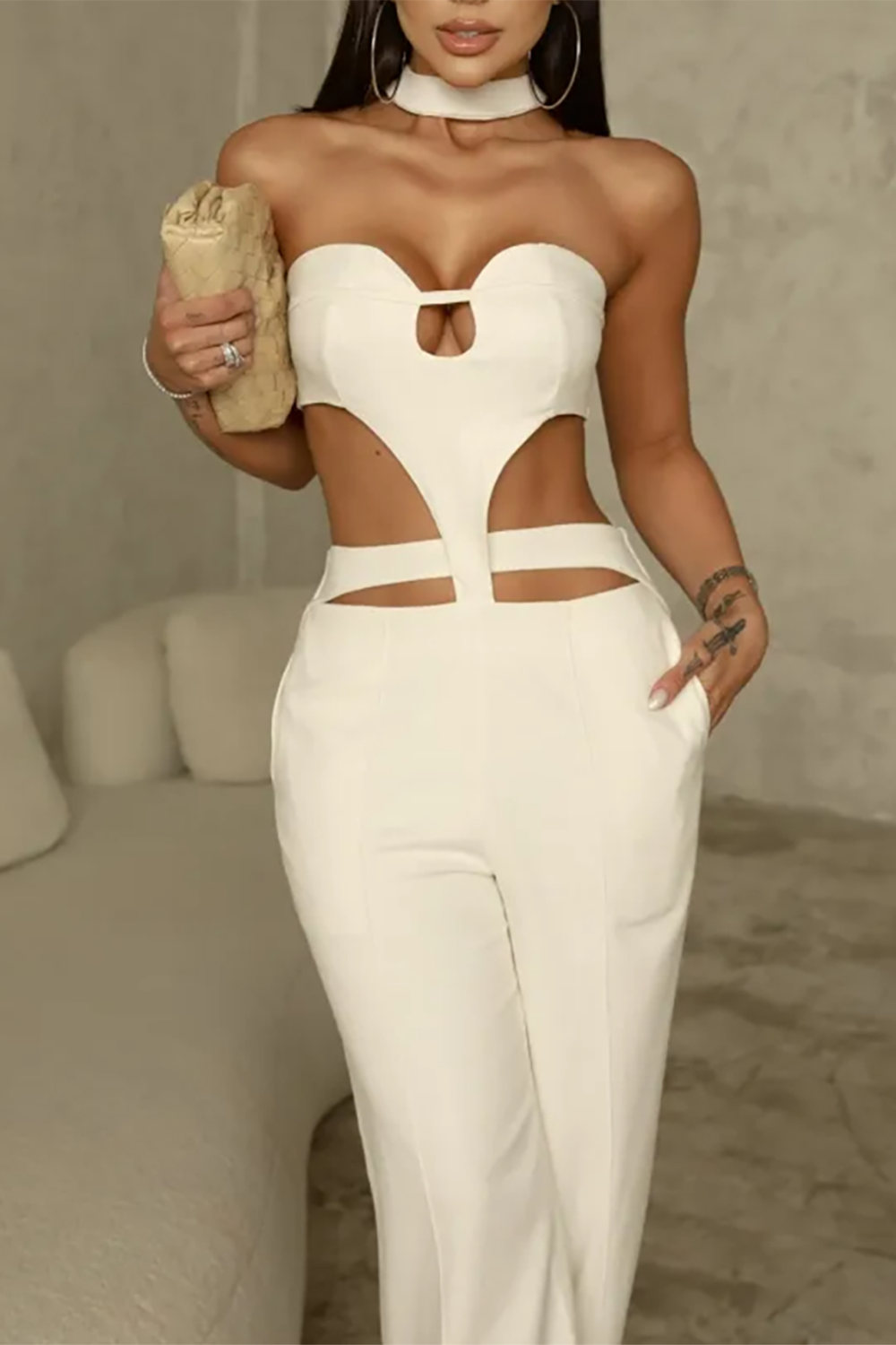 Sleeveless Halter Neck Cutout Wide Leg Irregular Jumpsuit - Ivory