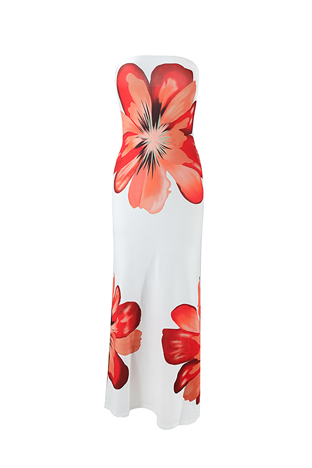 Floral Print Boat Neck Strapless Slim Fit Vacation Maxi Dresses - White