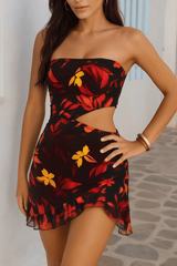 Floral Print Strapless Cutout Ruffled Mini Dresses - Black Pre Order