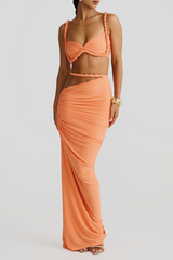 Braided Crop Cami Ruched High Slit Maxi Skirt 2pcs Set - Orange