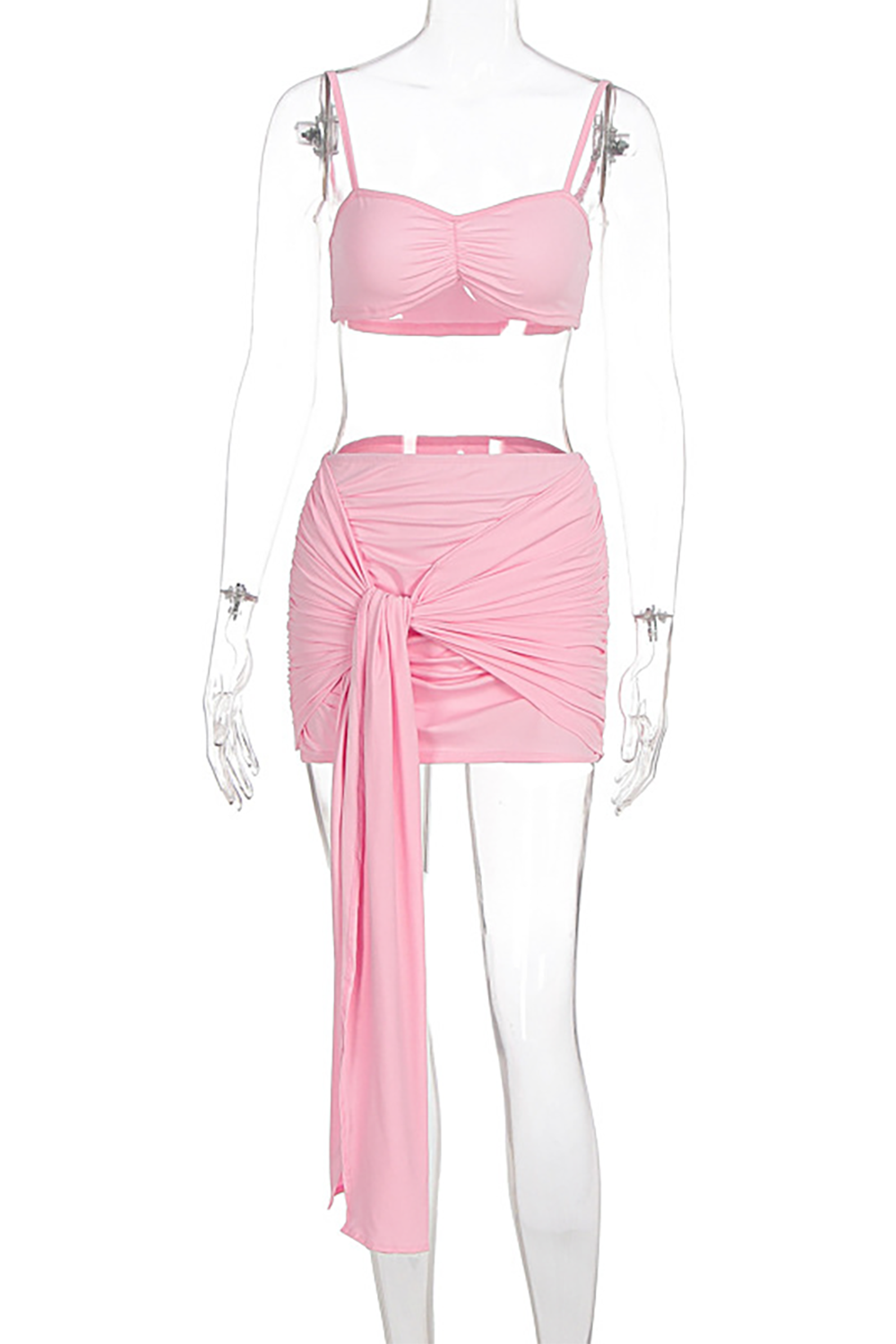 Mesh Long Sleeve Crop Top Crop Cami Ruched Tie Up Sash Mini Skirt 3pcs Set - Pink