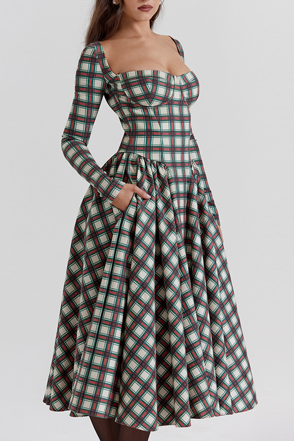 Plaid Pattern Long Sleeve Corset A - Line Pleated Midi Dresses - Red