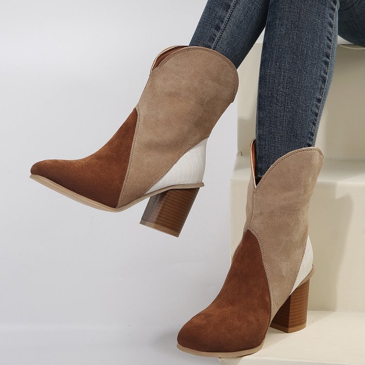 Botas de gamuza con empalme de moda, botas retro de punta puntiaguda y tacón alto cuadrado hasta la mitad de la pantorrilla para mujer, zapatos de otoño e invierno