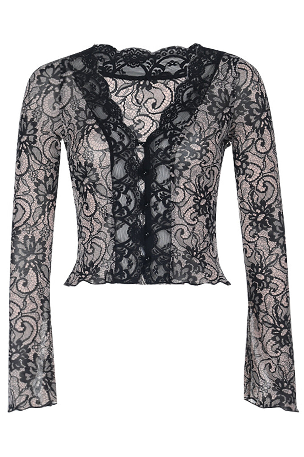 Jacquard Lace Deep V Neck Long Sleeve Slim Fit Crop Top - Black