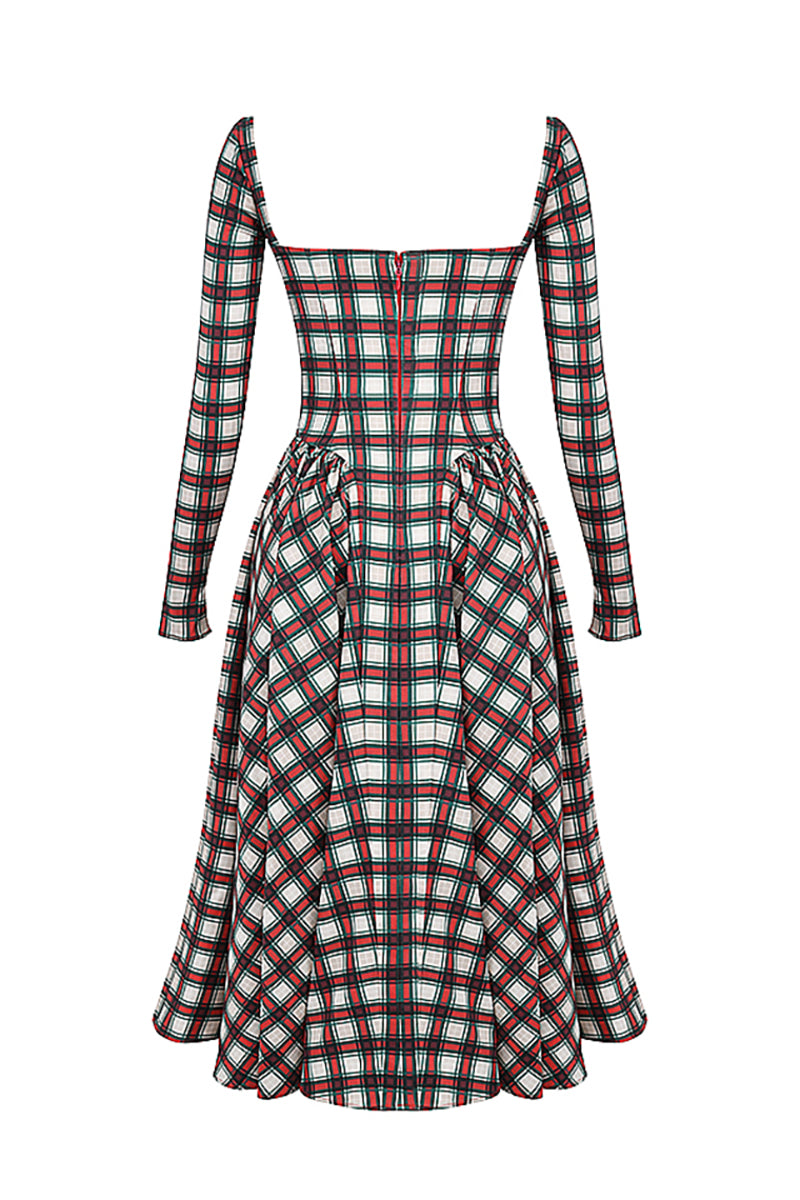 Plaid Pattern Long Sleeve Corset A - Line Pleated Midi Dresses - Red