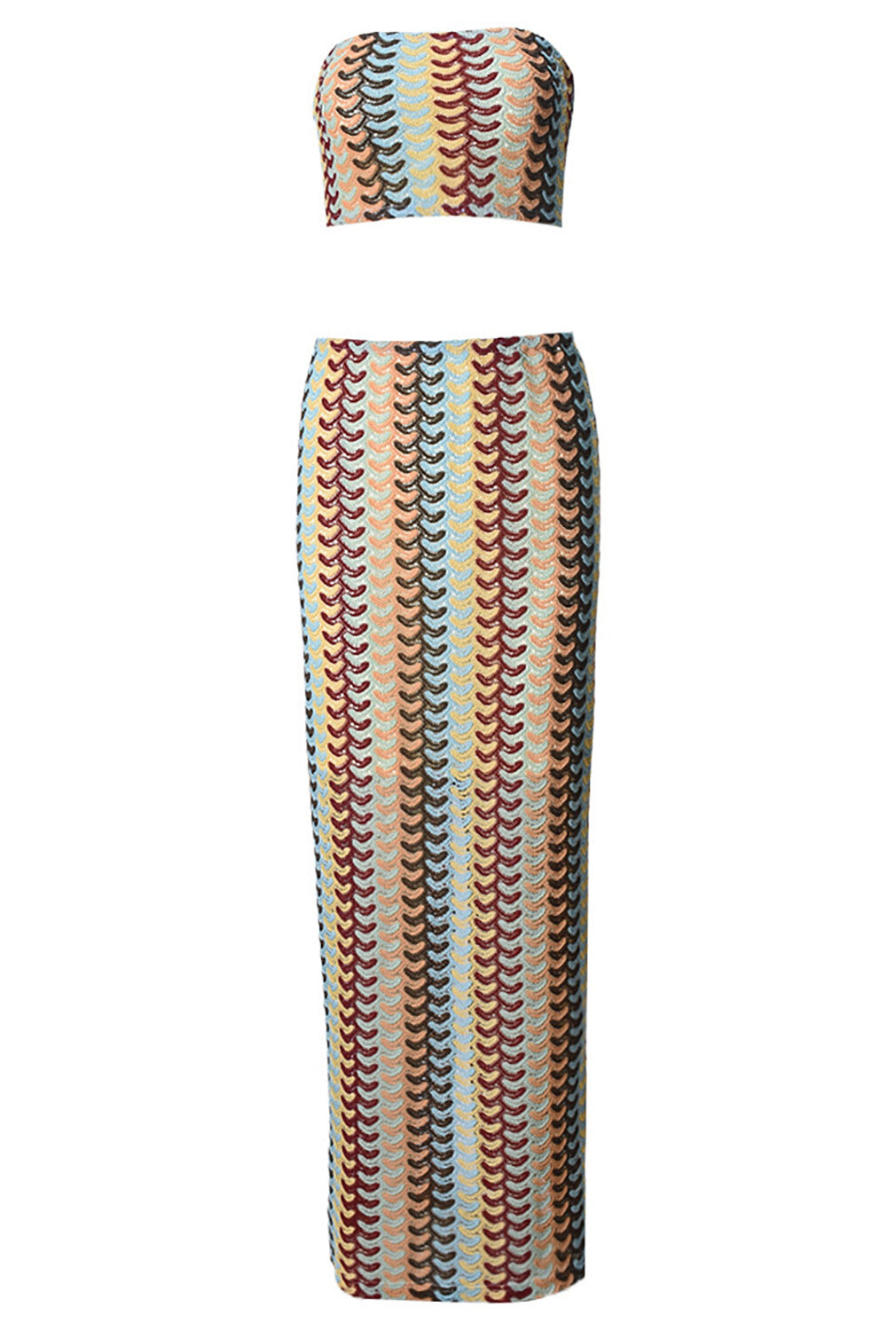Knit Abstract Multicolor Striped Crop Tube Top Fitted Maxi Skirt Set - Beige