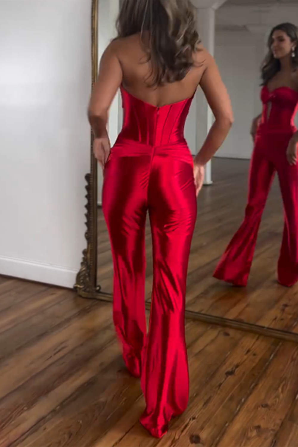 Twisted Strapless Cutout Corset Straight Leg Party Jumpsuit - Red