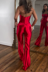 Twisted Strapless Cutout Corset Straight Leg Party Jumpsuit - Red