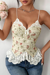Lace Patchwork Floral Jacquard Cinch Waist Cami - Yellow