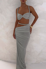 Braided Crop Cami Cutout Ruched Bodycon Maxi Skirt 2pcs Set - Orange