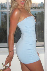 Alloy Conch Decor Ruched Bodycon Mini Tube Dresses - Blue