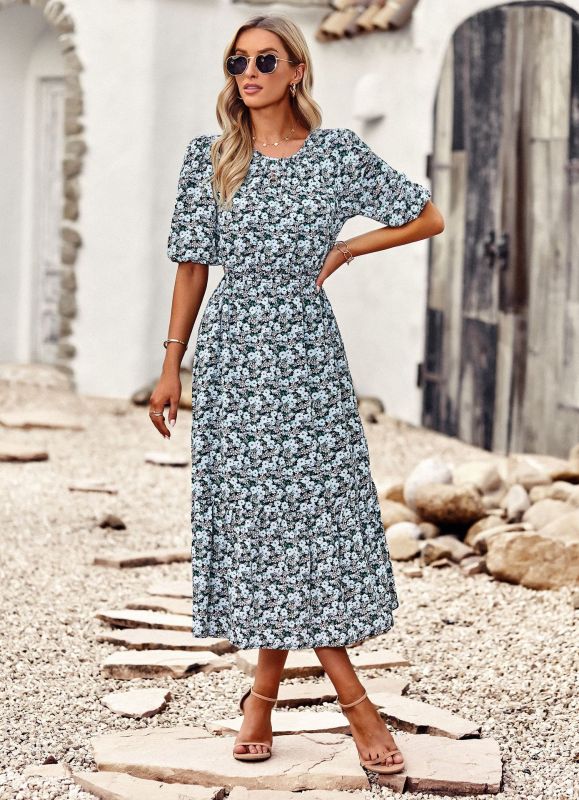 round neck printed waist temperament A-line dress