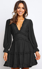 Black/Sky Blue/Blue/Green/Beige V Neck Ruffle Detailing Open Back Dress