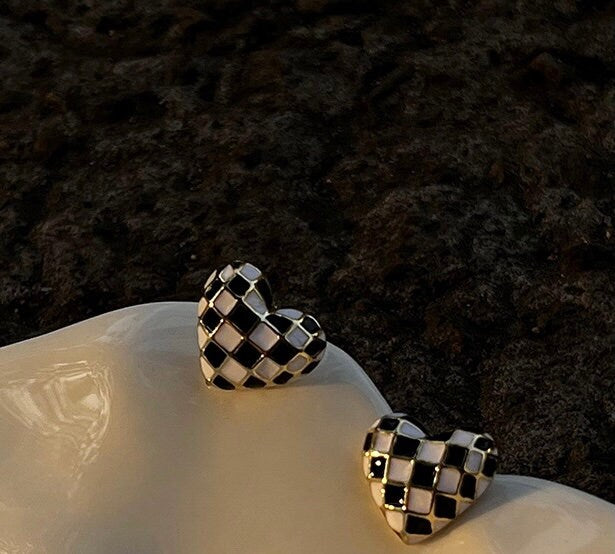 Black White Checkerboard Heart Studs