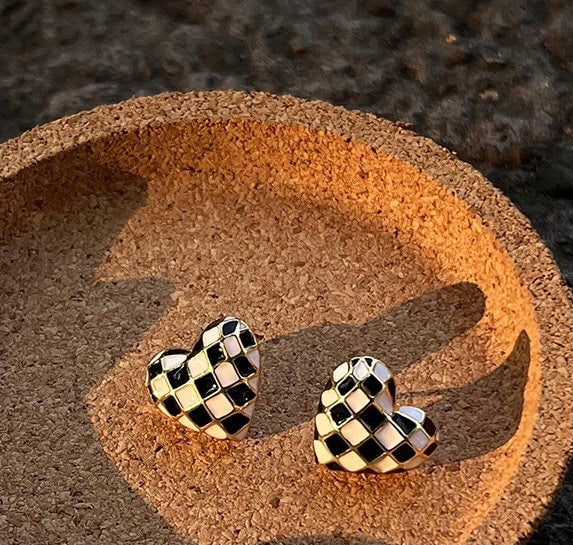 Black White Checkerboard Heart Studs