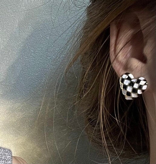 Black White Checkerboard Heart Studs