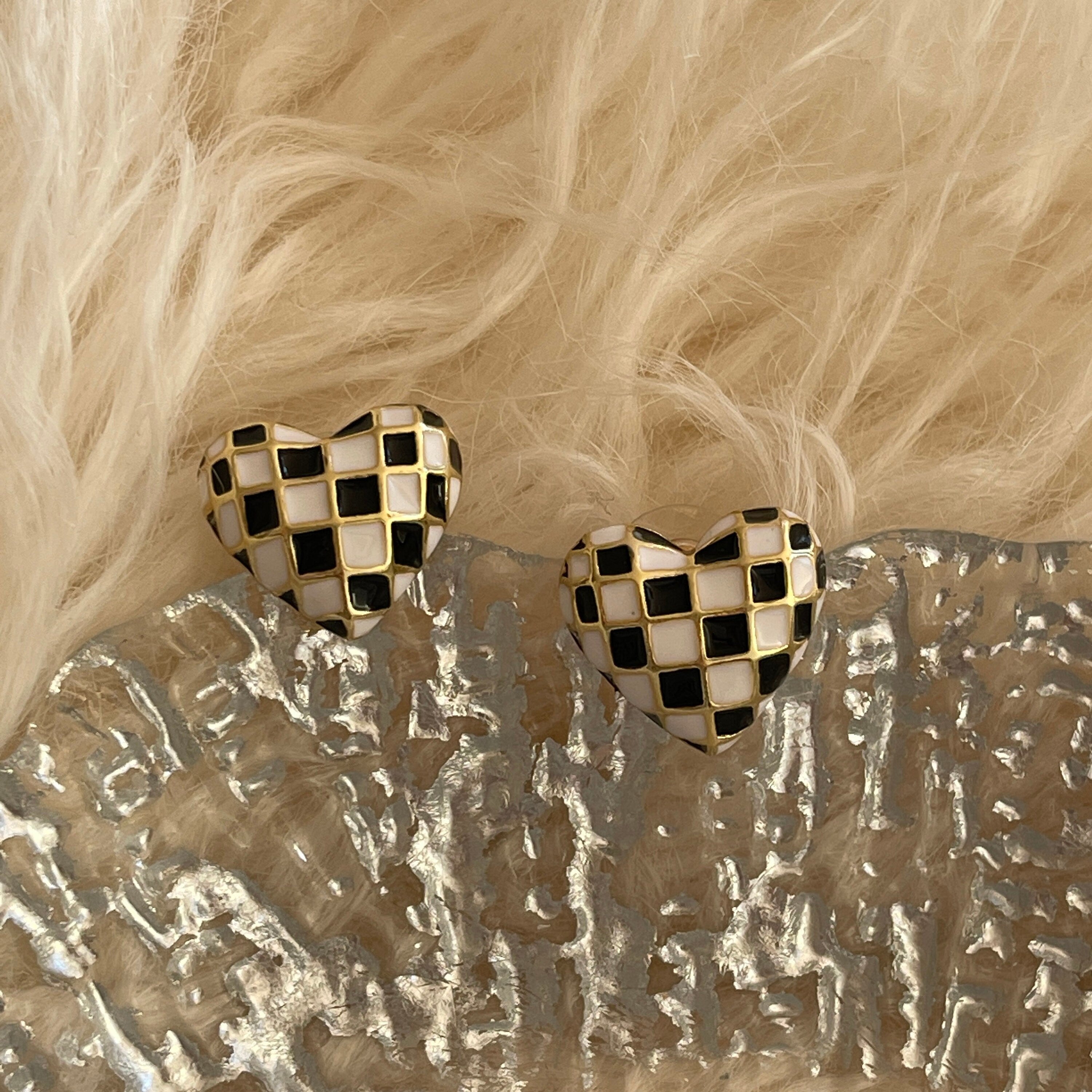 Black White Checkerboard Heart Studs