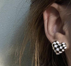 Black White Checkerboard Heart Studs