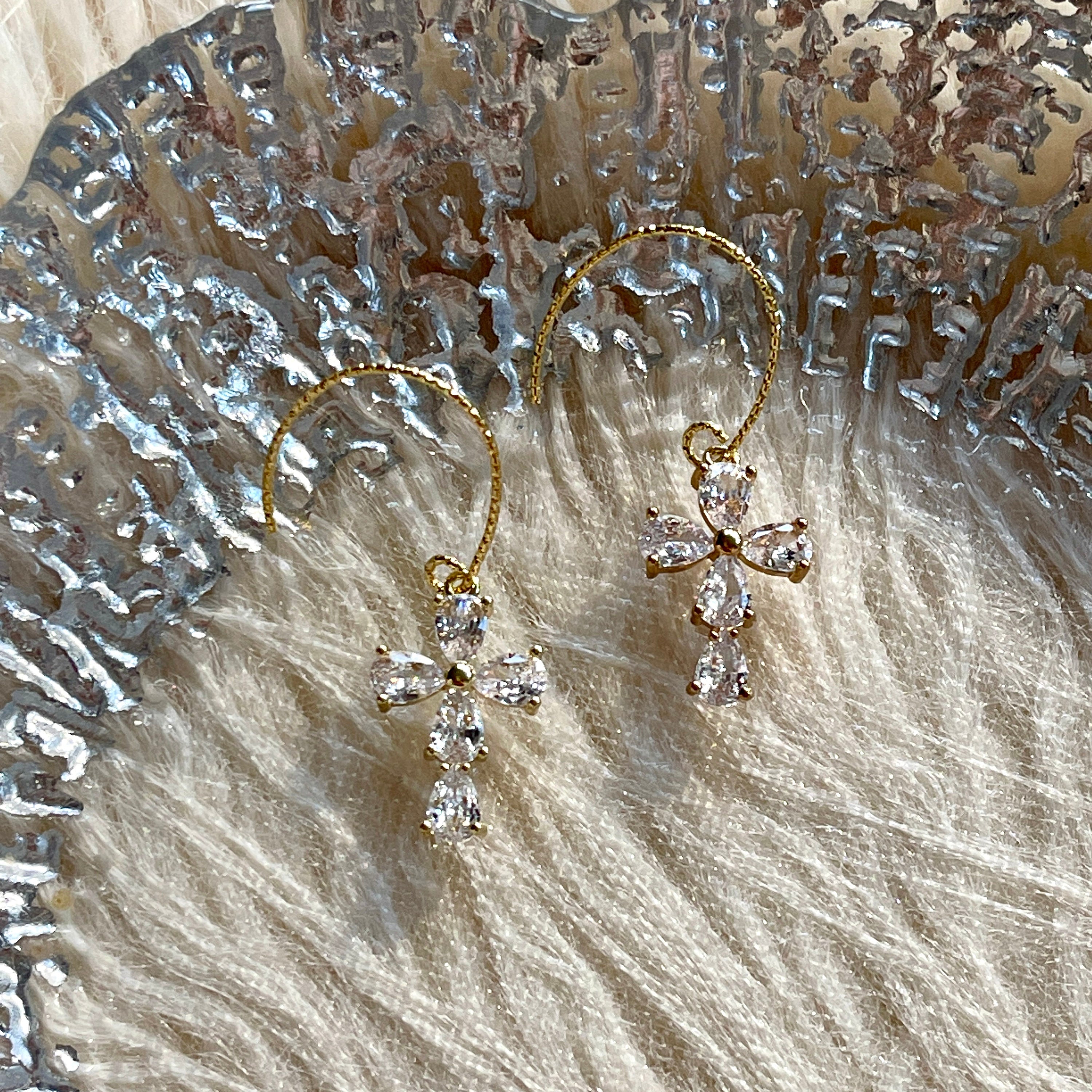 Dainty Diamond Crystal Cross Dangle Ear Wire Earrings