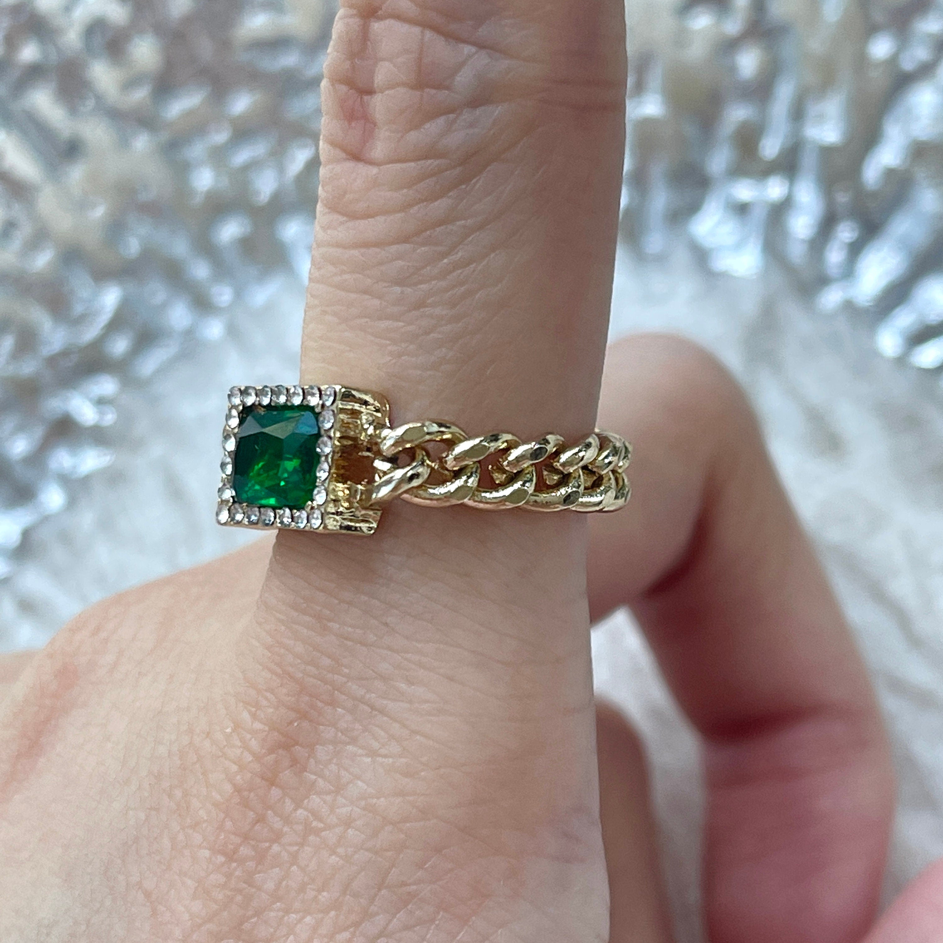 Emerald Green Gold Cuban Chunky Ring