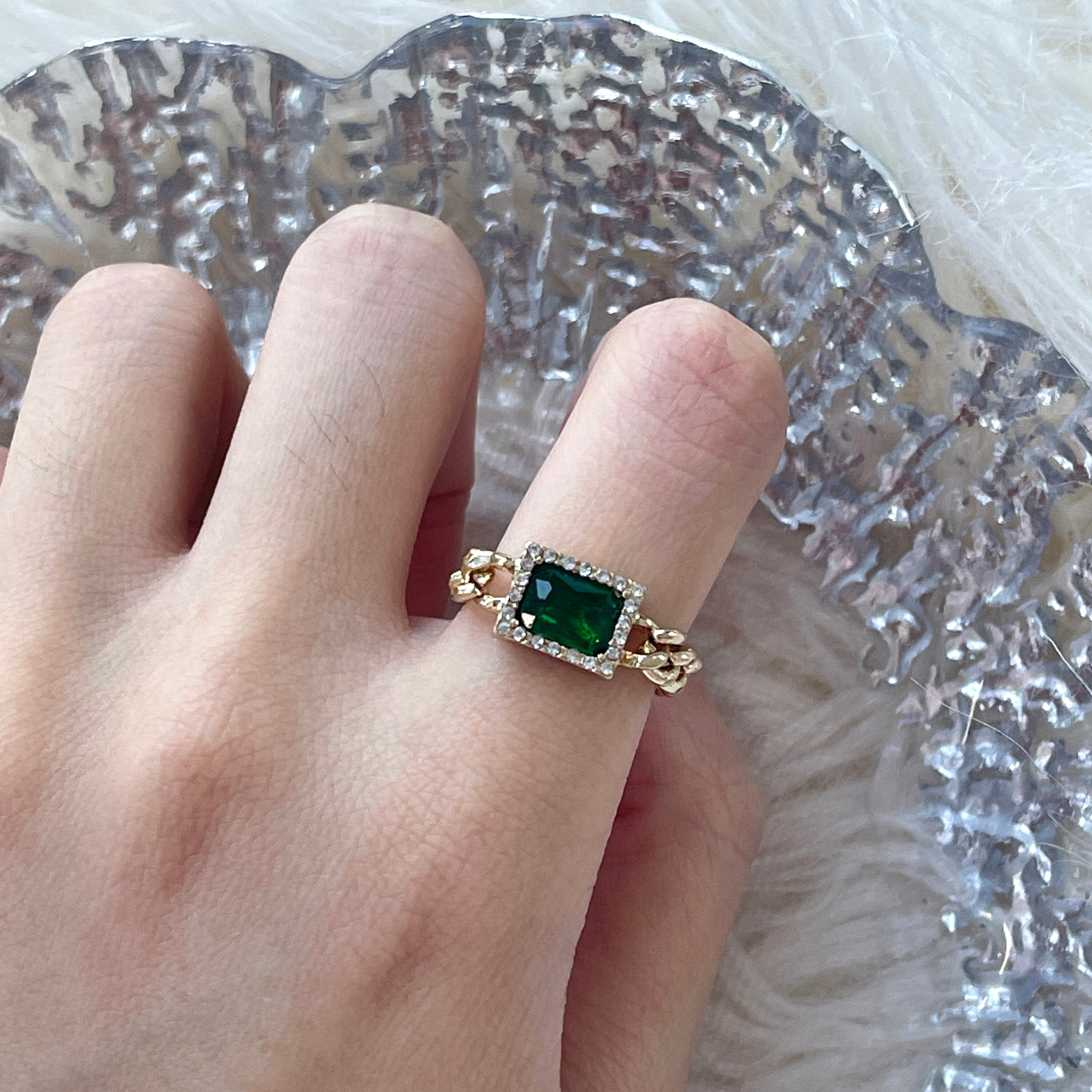 Emerald Green Gold Cuban Chunky Ring