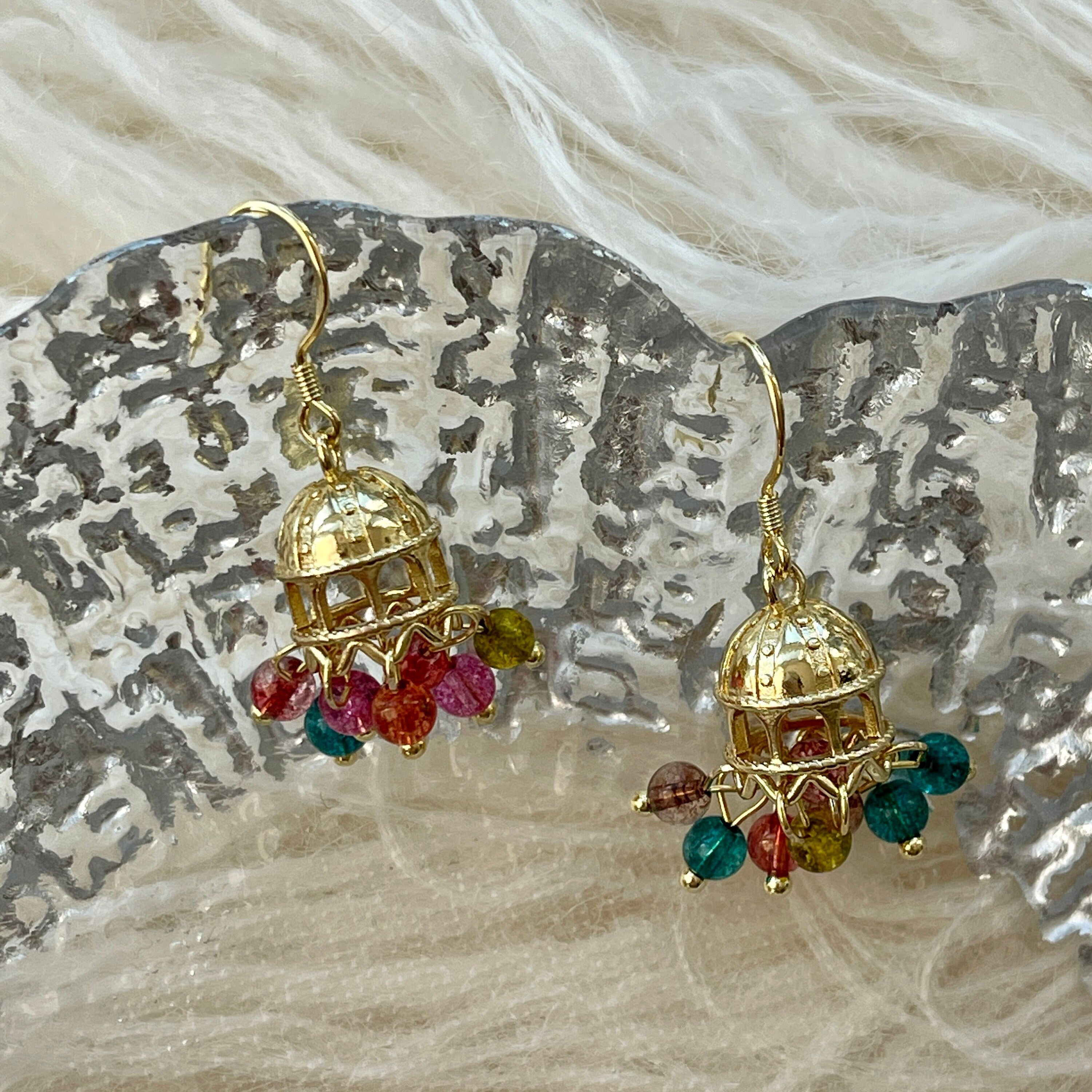 Cinderella Gold Cage Rainbow Drop Earrings