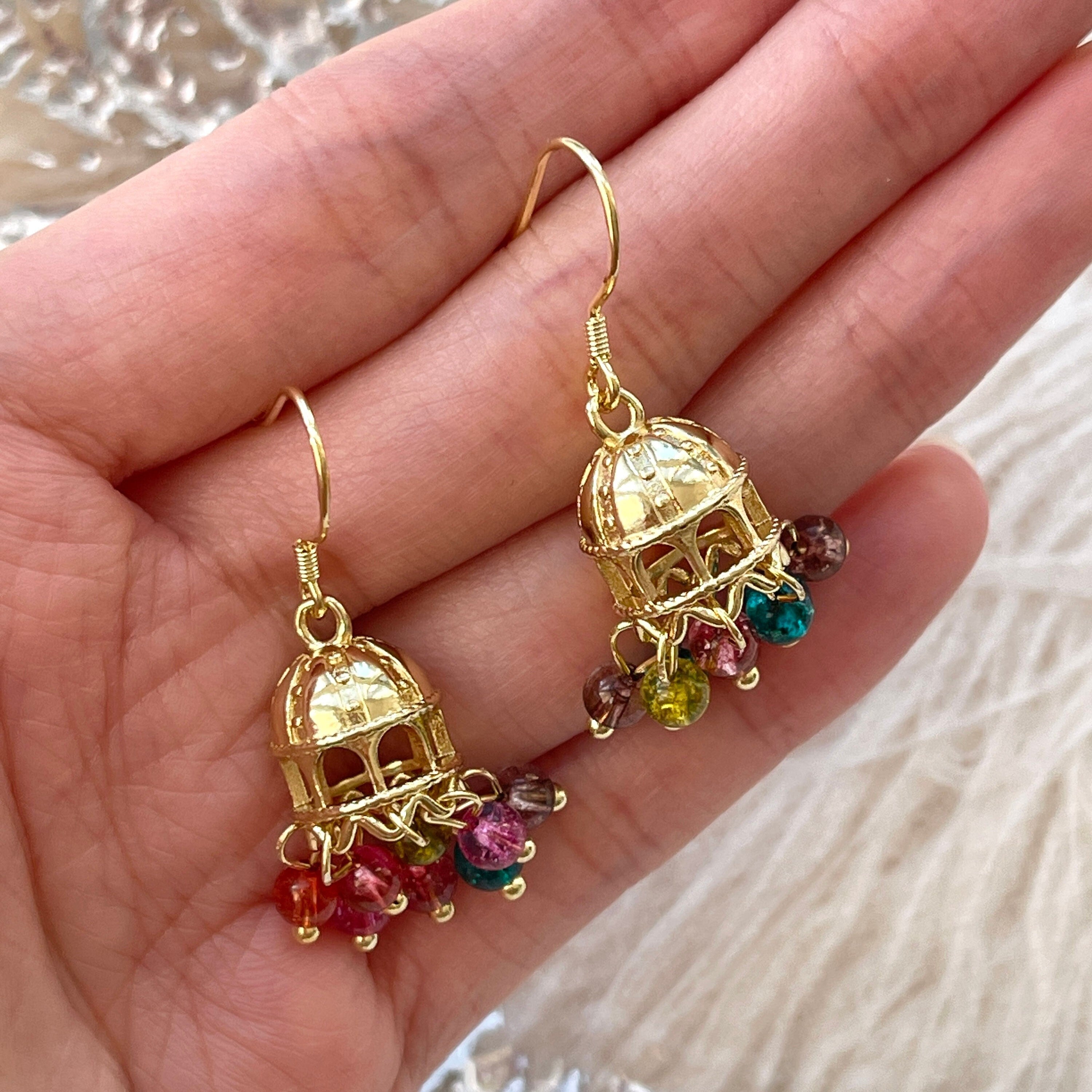 Cinderella Gold Cage Rainbow Drop Earrings