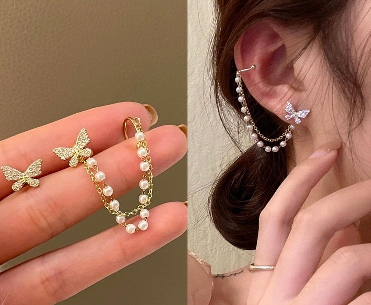 Dainty Butterfly Pearl Ear Cuff Climber