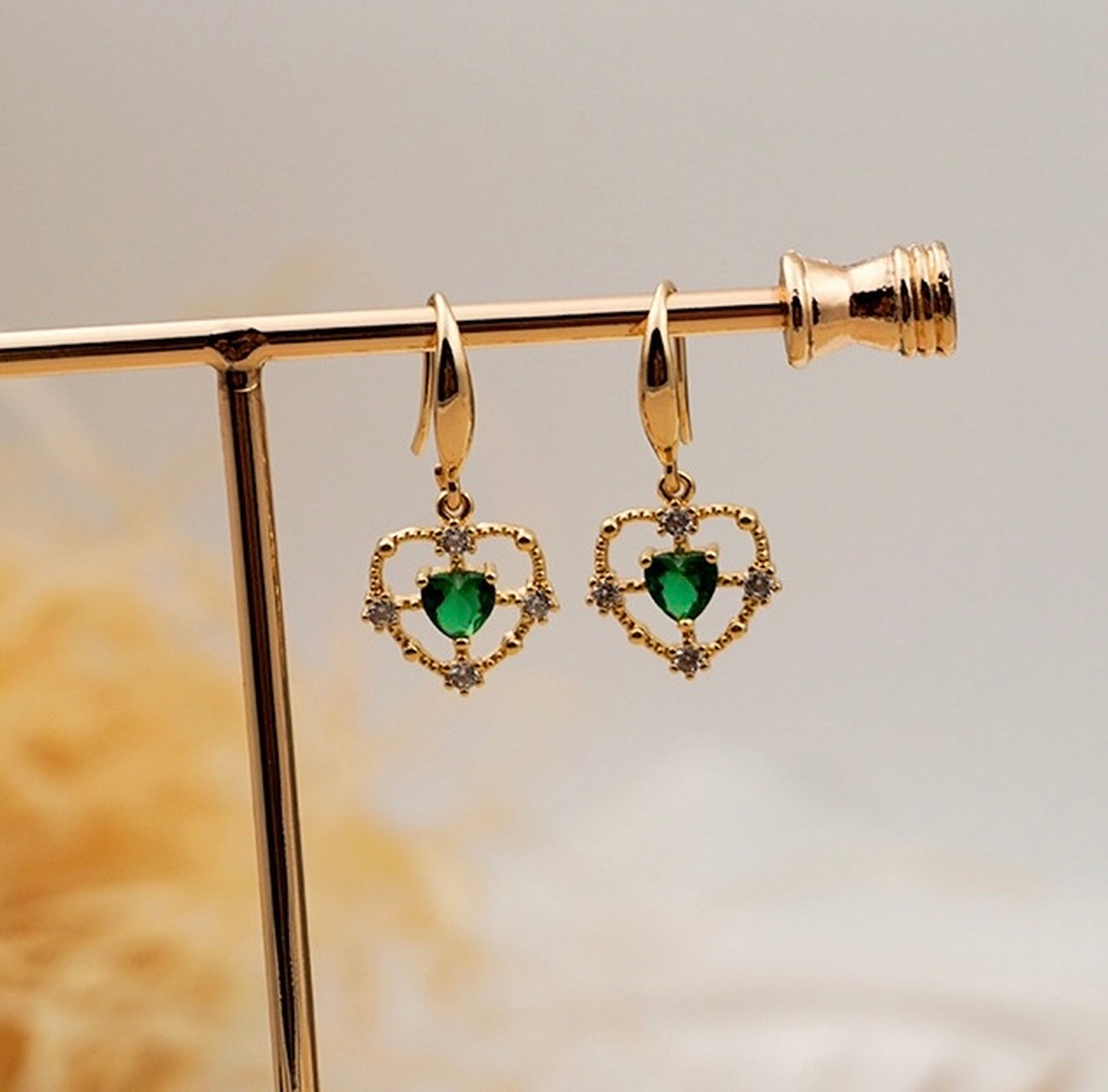 Emerald Green Gold Dangle Lace Earrings