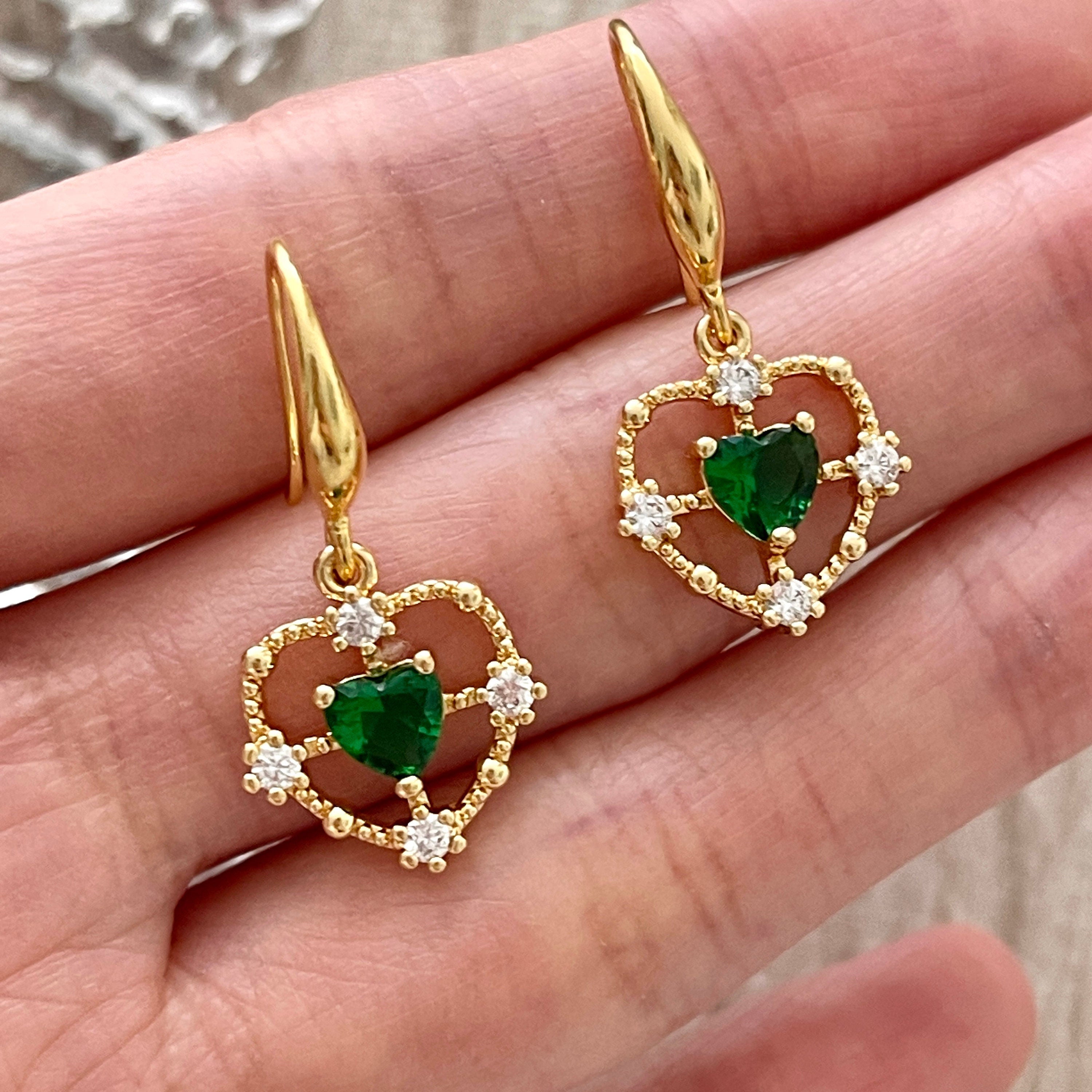 Emerald Green Gold Dangle Lace Earrings