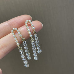 Double Layer Pearl Crystal Dangle Earrings