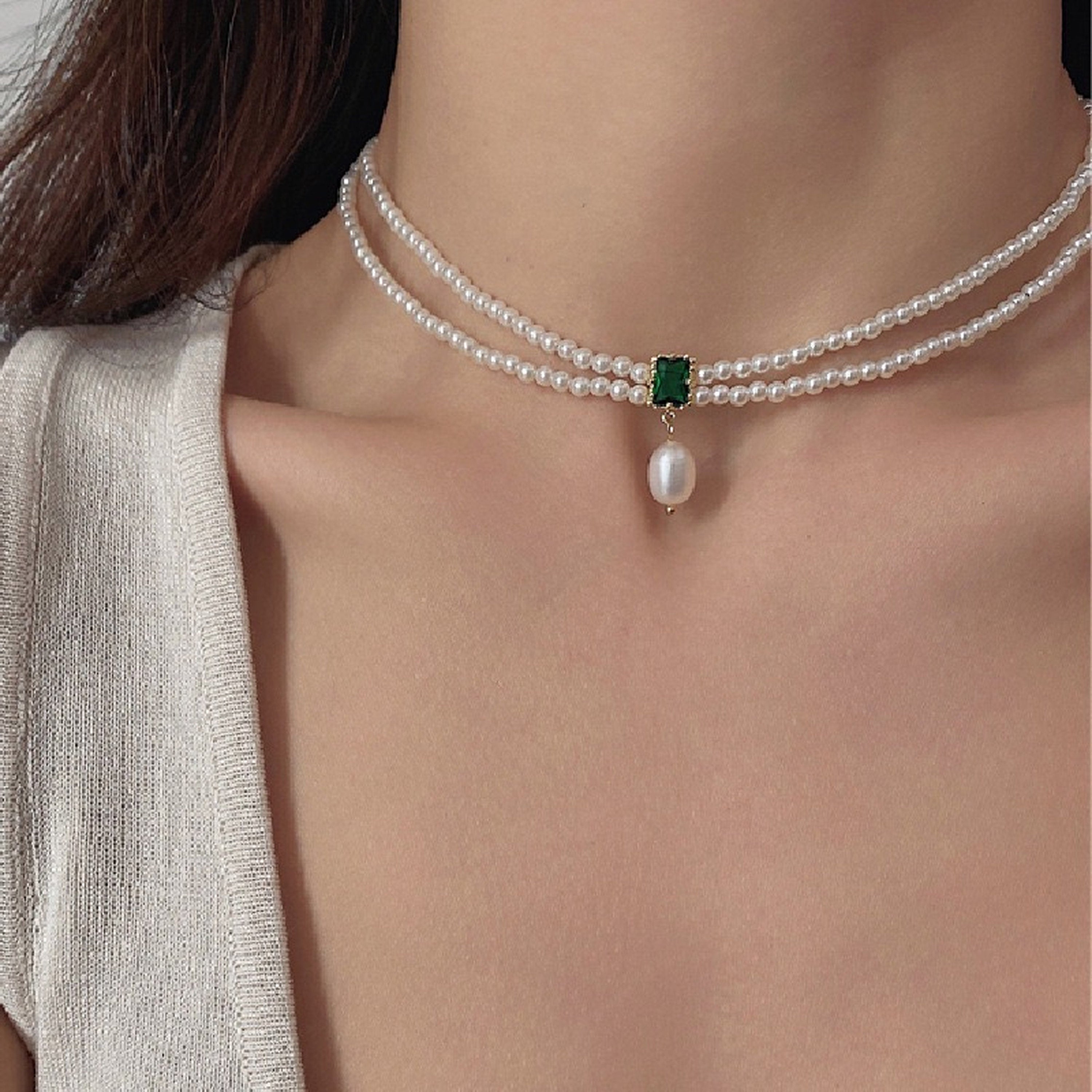 Emerald Green Pearl Double Layer Necklace