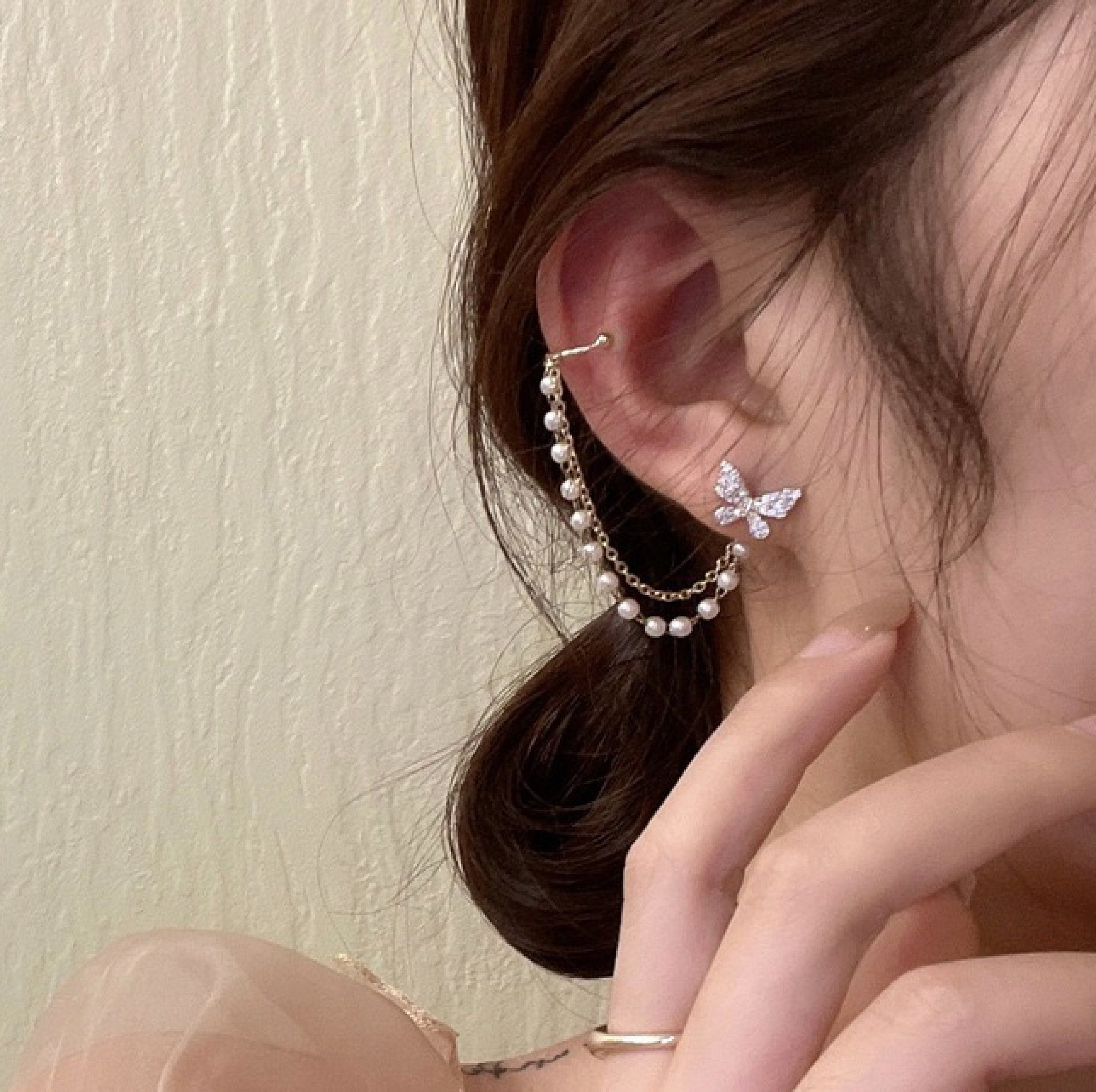 Dainty Butterfly Pearl Ear Cuff Climber