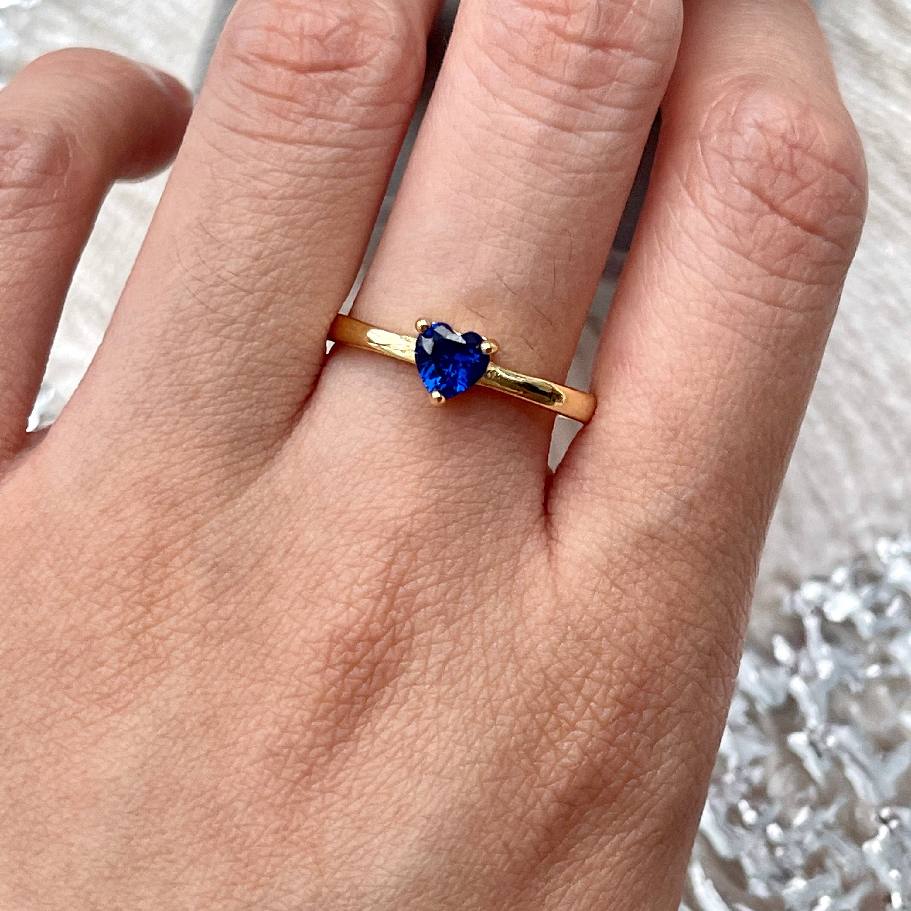 Dainty Blue Heart Shaped Sapphire Gold Open Ring