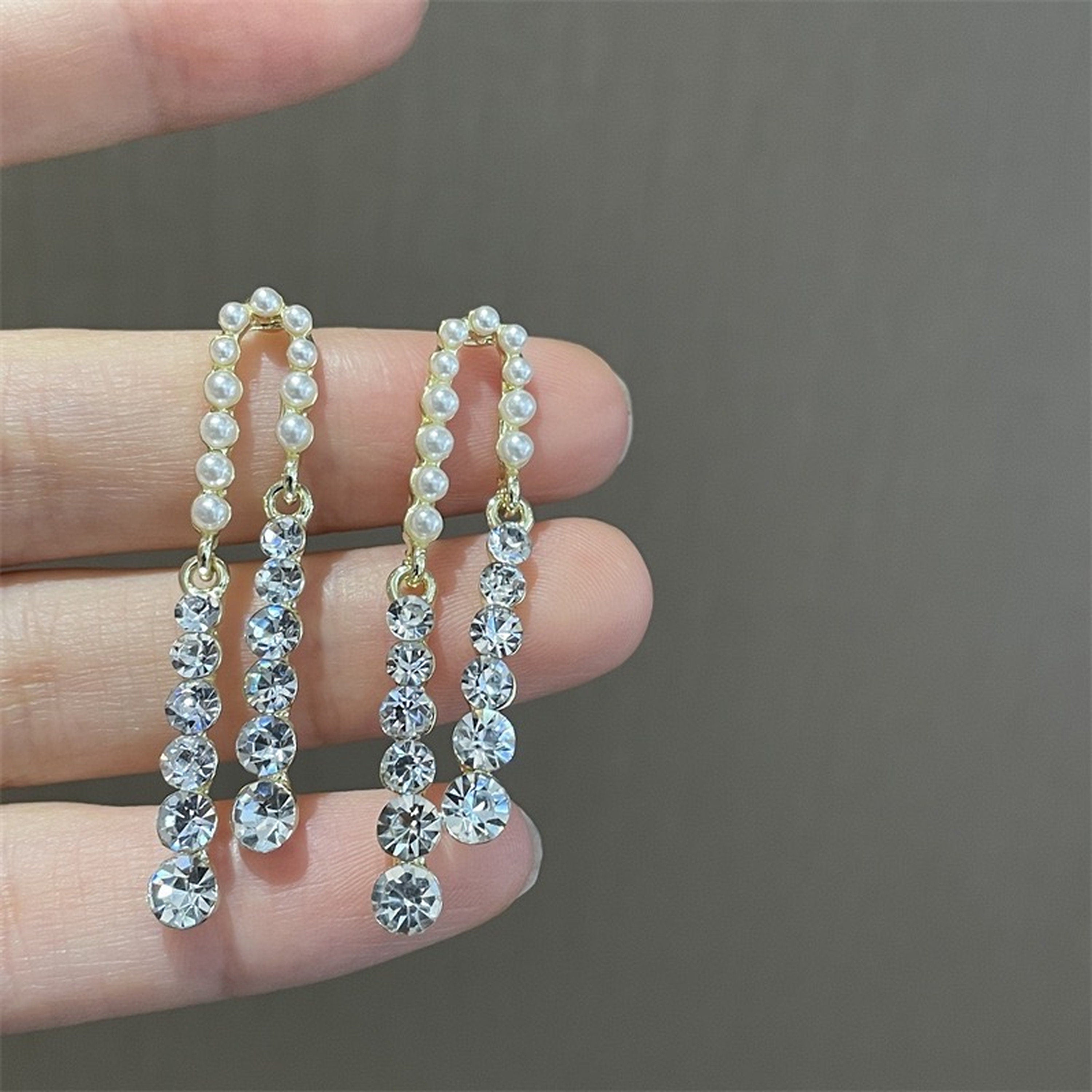 Double Layer Pearl Crystal Dangle Earrings