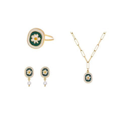 Engraved Daisy Flower Signet Enamel Jewelry Set