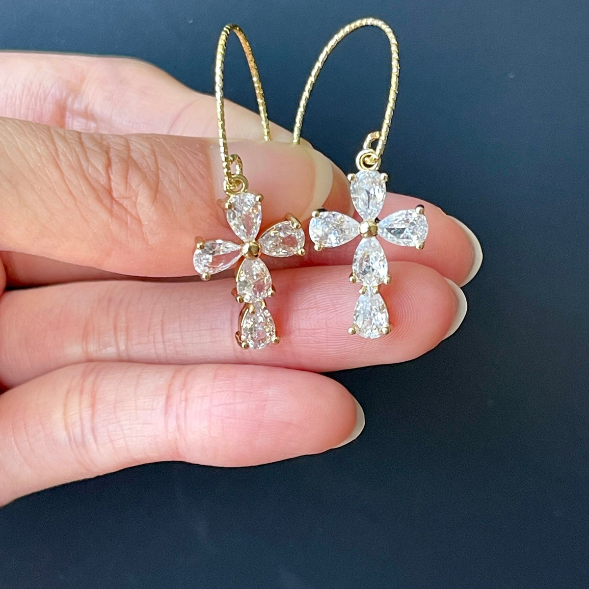 Dainty Diamond Crystal Cross Dangle Ear Wire Earrings